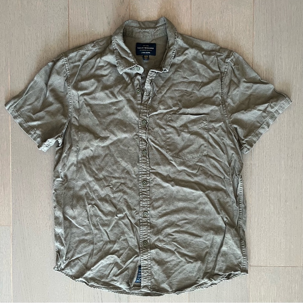 Lucky Brand Army Green Linen Blend Short Sleeve Button Down Shirt
